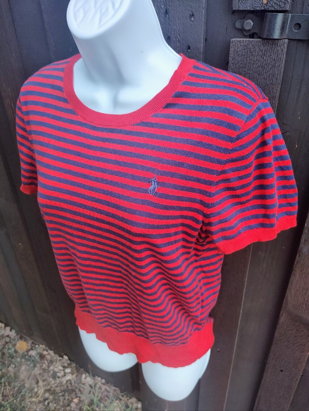 Polo by Ralph Lauren Red & Navy Striped Short Sleeve Lightweight Sweater